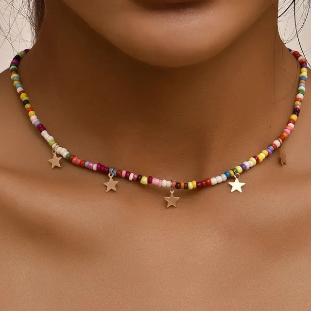 Bohemian Vintage Colorful Beads Chain Tassel Star Pendant Fashion Necklaces Jewelry For Women Elegant Accessories N096