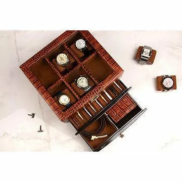 Men's Watch Box / Organizer | Genuine Leather Valet Box | 6 Watch Storage Box | Wrist Watch Case | Color: Green, Tan, Blue, Grey