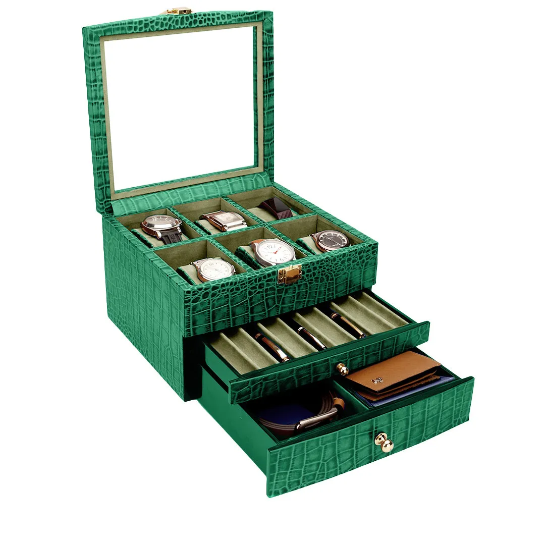 Men's Watch Box / Organizer | Genuine Leather Valet Box | 6 Watch Storage Box | Wrist Watch Case | Color: Green, Tan, Blue, Grey