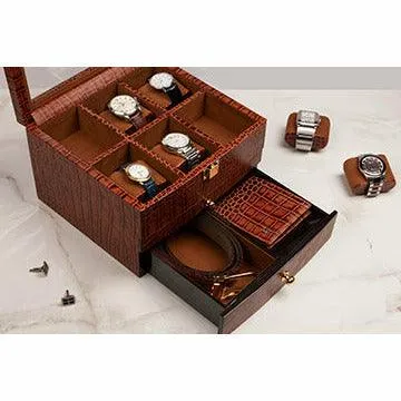 Men's Watch Box / Organizer | Genuine Leather Valet Box | 6 Watch Storage Box | Wrist Watch Case | Color: Green, Tan, Blue, Grey