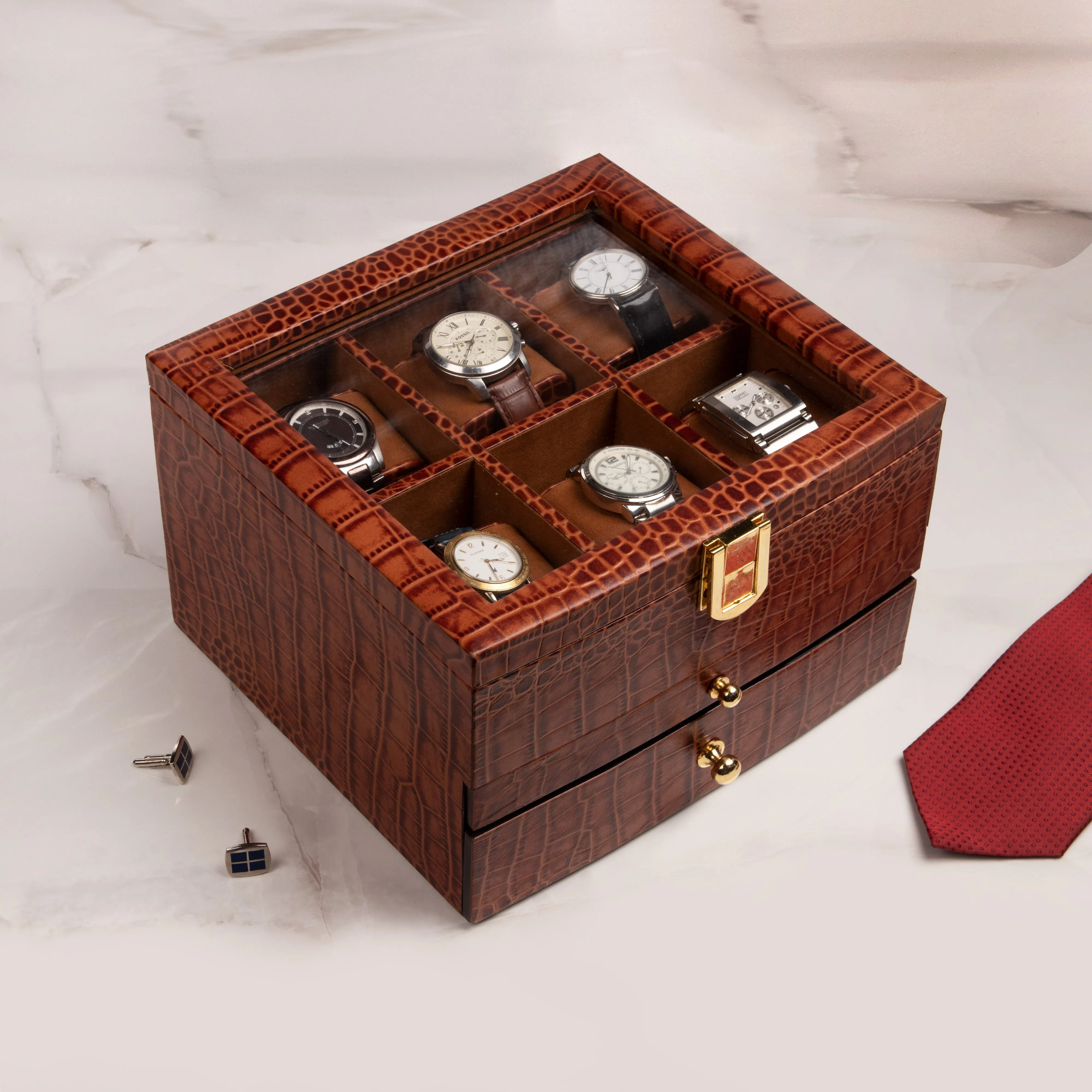 Men's Watch Box / Organizer | Genuine Leather Valet Box | 6 Watch Storage Box | Wrist Watch Case | Color: Green, Tan, Blue, Grey