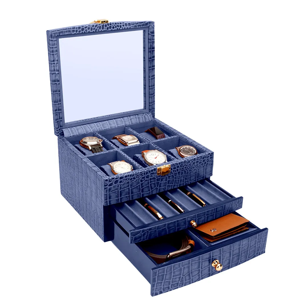 Men's Watch Box / Organizer | Genuine Leather Valet Box | 6 Watch Storage Box | Wrist Watch Case | Color: Green, Tan, Blue, Grey