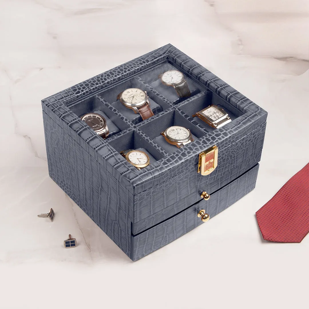 Men's Watch Box / Organizer | Genuine Leather Valet Box | 6 Watch Storage Box | Wrist Watch Case | Color: Green, Tan, Blue, Grey