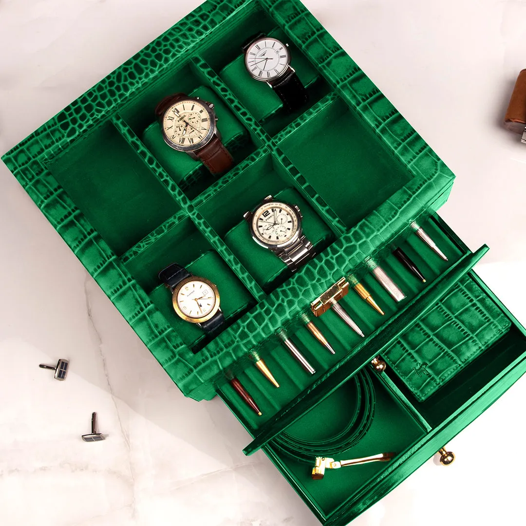 Men's Watch Box / Organizer | Genuine Leather Valet Box | 6 Watch Storage Box | Wrist Watch Case | Color: Green, Tan, Blue, Grey