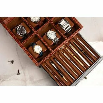 Men's Watch Box / Organizer | Genuine Leather Valet Box | 6 Watch Storage Box | Wrist Watch Case | Color: Green, Tan, Blue, Grey
