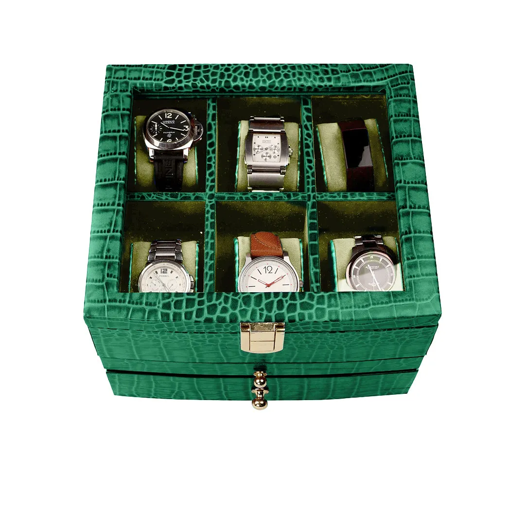 Men's Watch Box / Organizer | Genuine Leather Valet Box | 6 Watch Storage Box | Wrist Watch Case | Color: Green, Tan, Blue, Grey