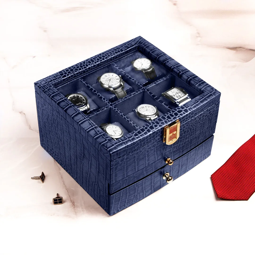 Men's Watch Box / Organizer | Genuine Leather Valet Box | 6 Watch Storage Box | Wrist Watch Case | Color: Green, Tan, Blue, Grey