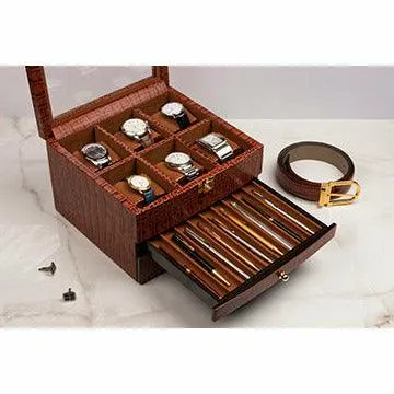 Men's Watch Box / Organizer | Genuine Leather Valet Box | 6 Watch Storage Box | Wrist Watch Case | Color: Green, Tan, Blue, Grey