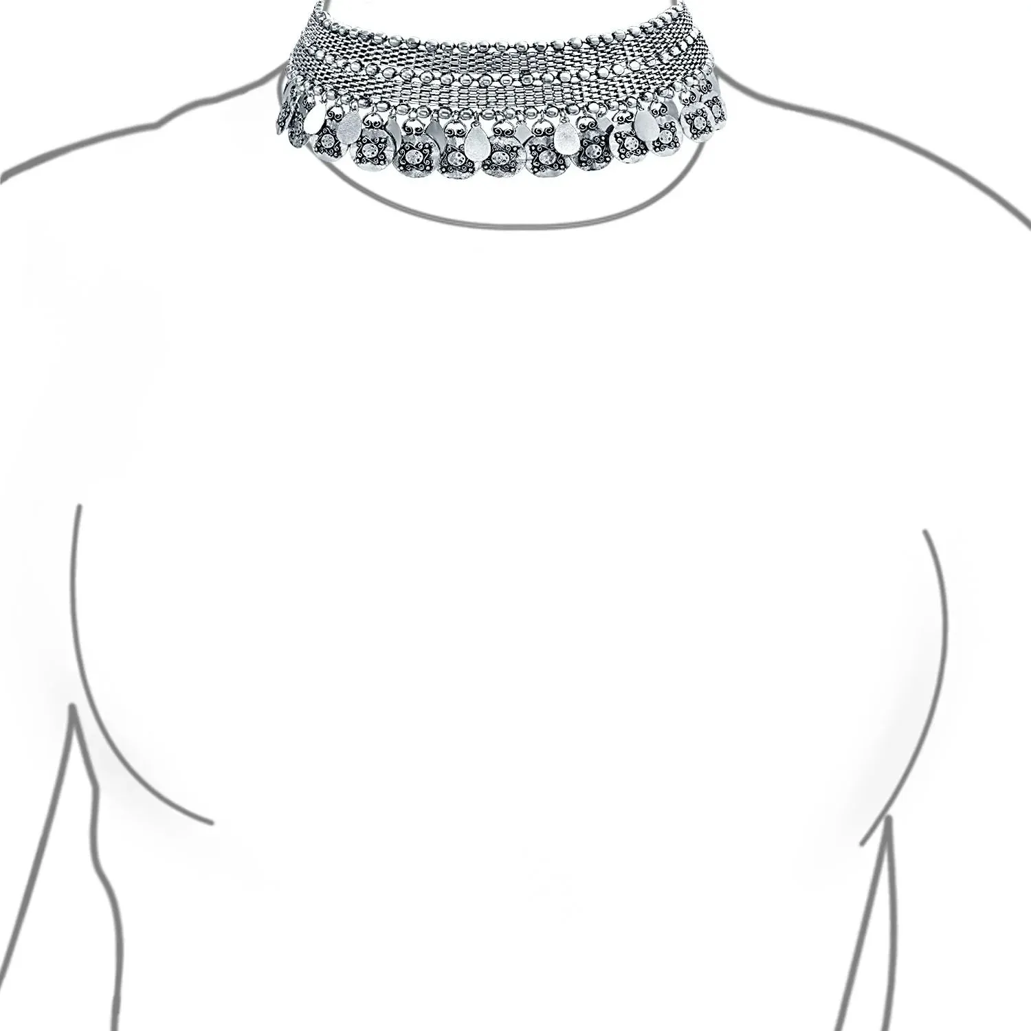 Native American Style Bohemian Choker Necklace with Dangling Coins Oxidized Silver
