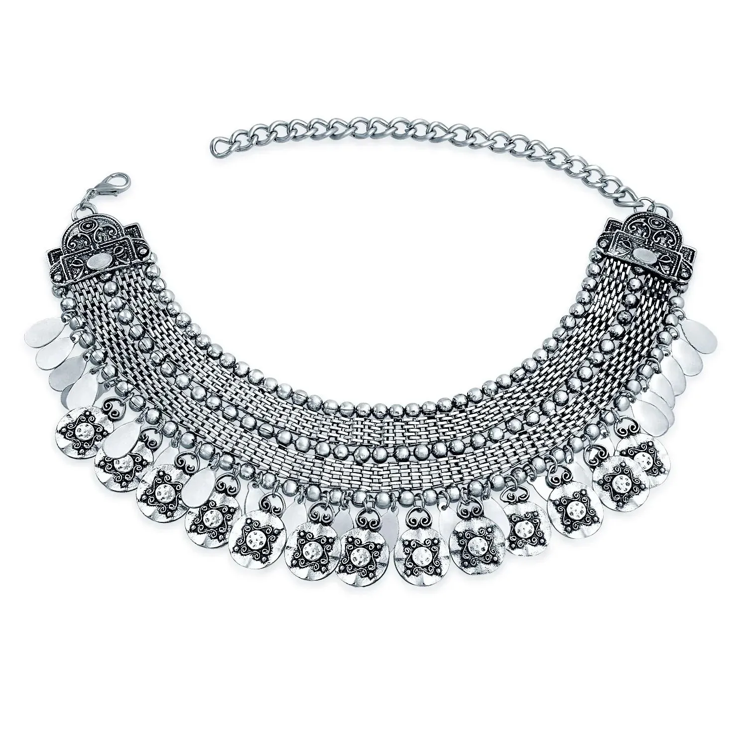 Native American Style Bohemian Choker Necklace with Dangling Coins Oxidized Silver