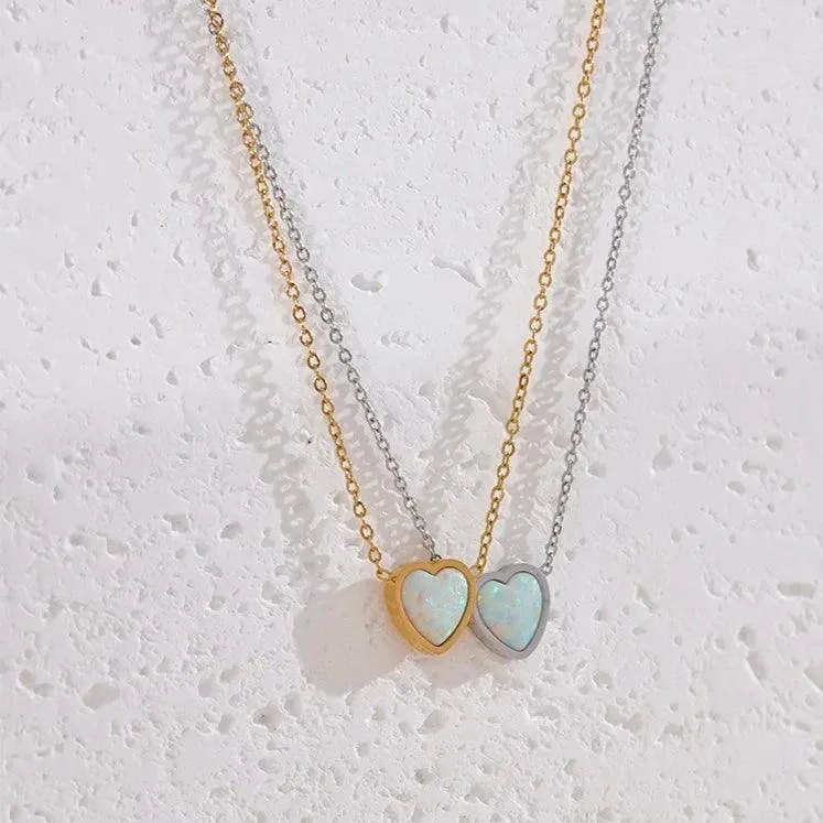 Necklace Charm Jewelry - Opal Stone - Small Chic Heart Pendant - TSJ36