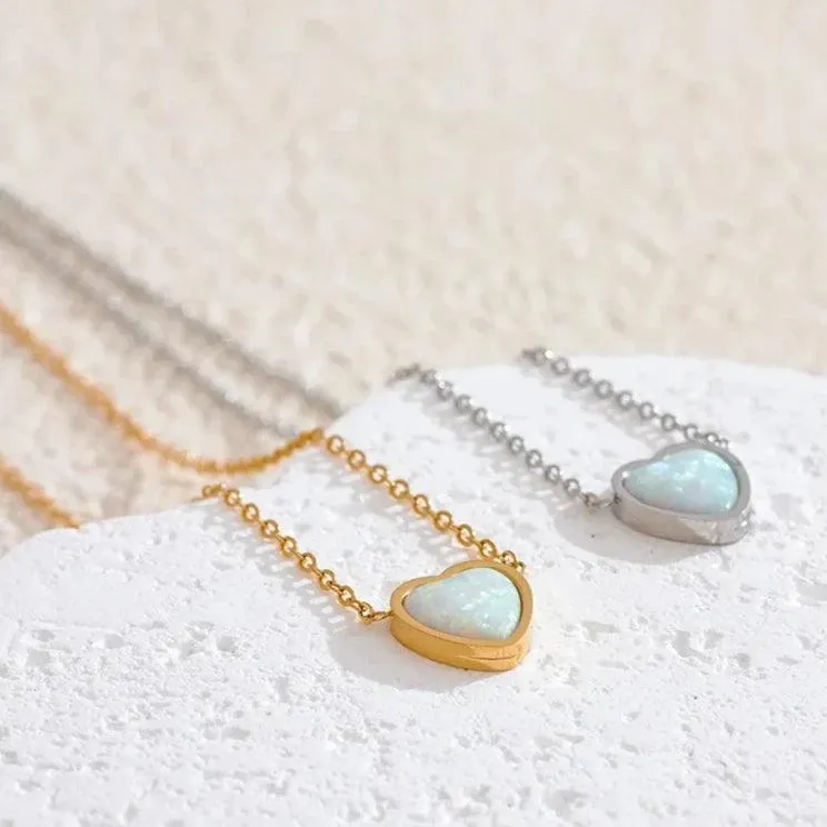 Necklace Charm Jewelry - Opal Stone - Small Chic Heart Pendant - TSJ36