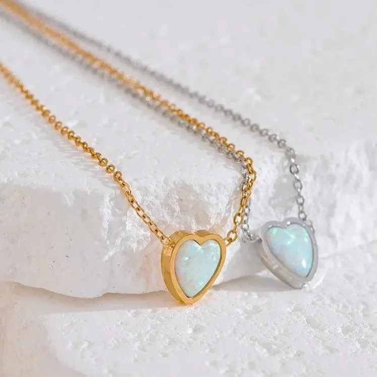 Necklace Charm Jewelry - Opal Stone - Small Chic Heart Pendant - TSJ36