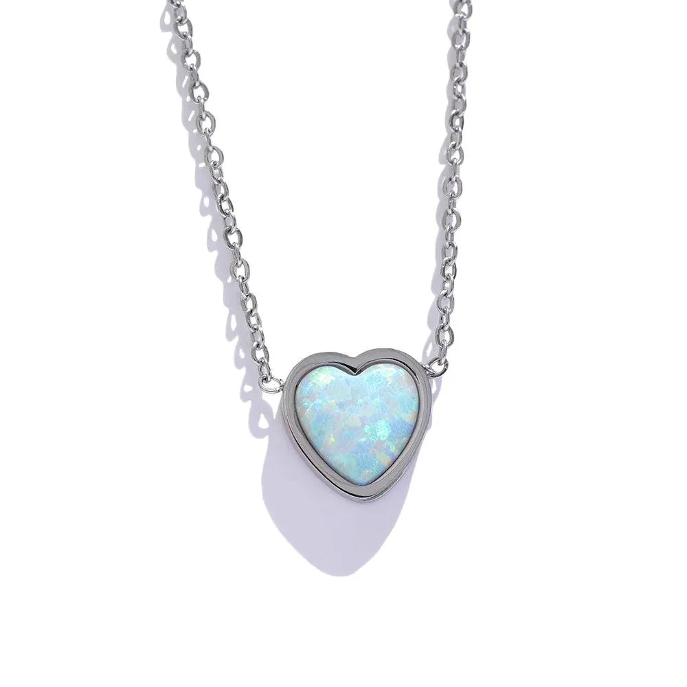 Necklace Charm Jewelry - Opal Stone - Small Chic Heart Pendant - TSJ36
