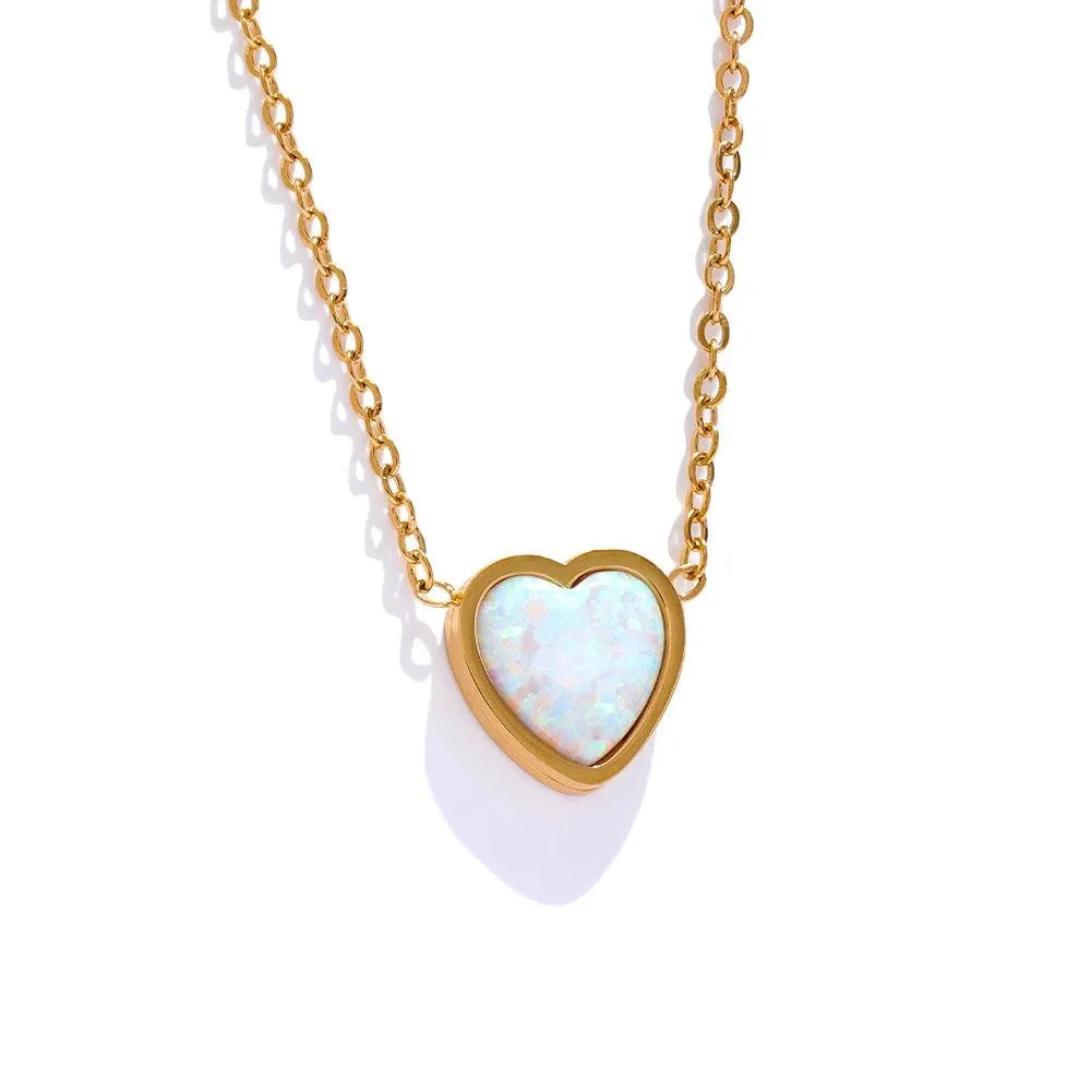 Necklace Charm Jewelry - Opal Stone - Small Chic Heart Pendant - TSJ36